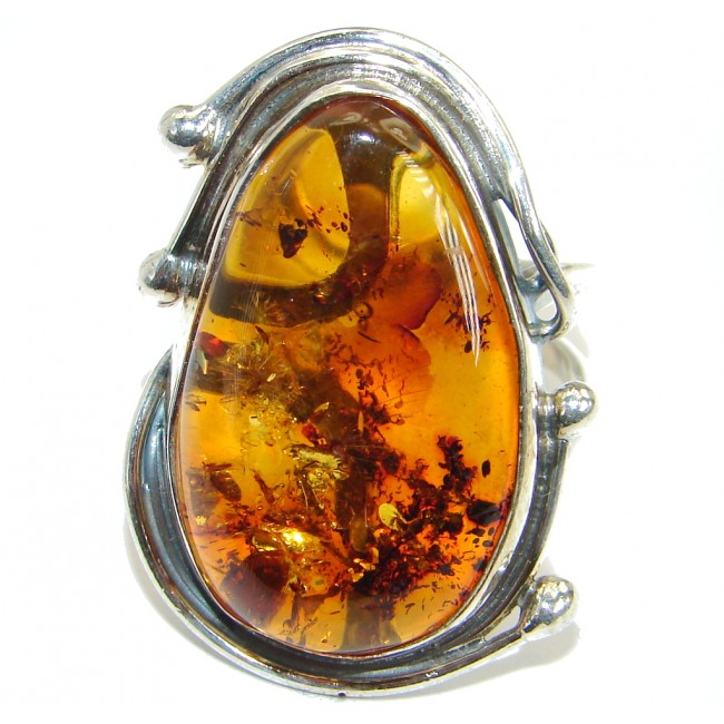 Genuine Baltic Polish Amber .925 Sterling Silver handmade Statment Ring size 8 adjustable