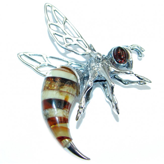 Large Masterpiece Honey Bee Baltic Polish Amber .925 Sterling Silver Handmade Pendant
