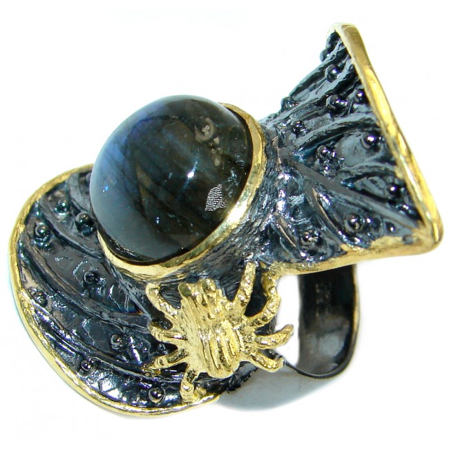 Huge Blue Fire Labradorite Gold over .925 Sterling Silver handmade ring size 8 adjustable