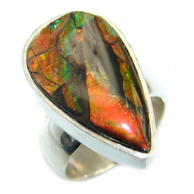Pure Energy Fire Genuine Canadian Ammolite .925 Sterling Silver handmade ring s. 7 adjustable
