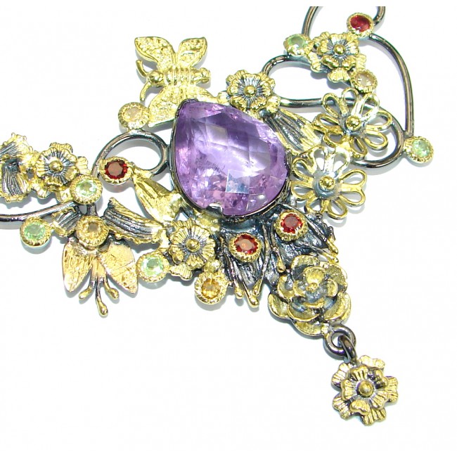 Floral design Genuine Amethyst Gold plated over .925 Sterling Silver handcrafted necklace