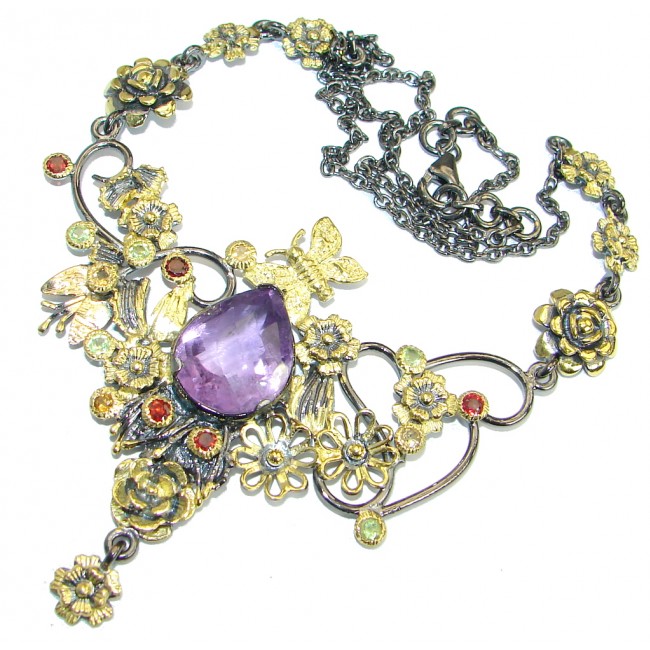 Floral design Genuine Amethyst Gold plated over .925 Sterling Silver handcrafted necklace