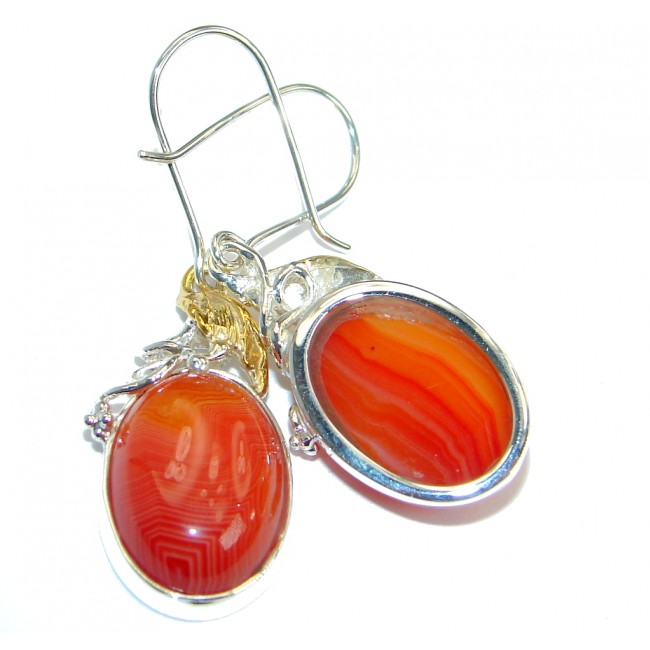 Sublime Orange Carnelian two tones .925 Sterling Silver handmade earrings