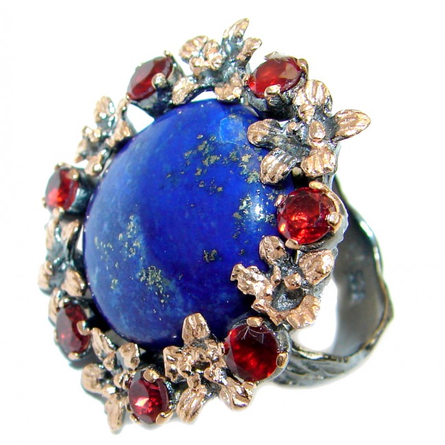 Blue Lapis Lazuli Garnet Rose Gold Rhodium plated over .925 Sterling Silver Ring size 6 adjustable