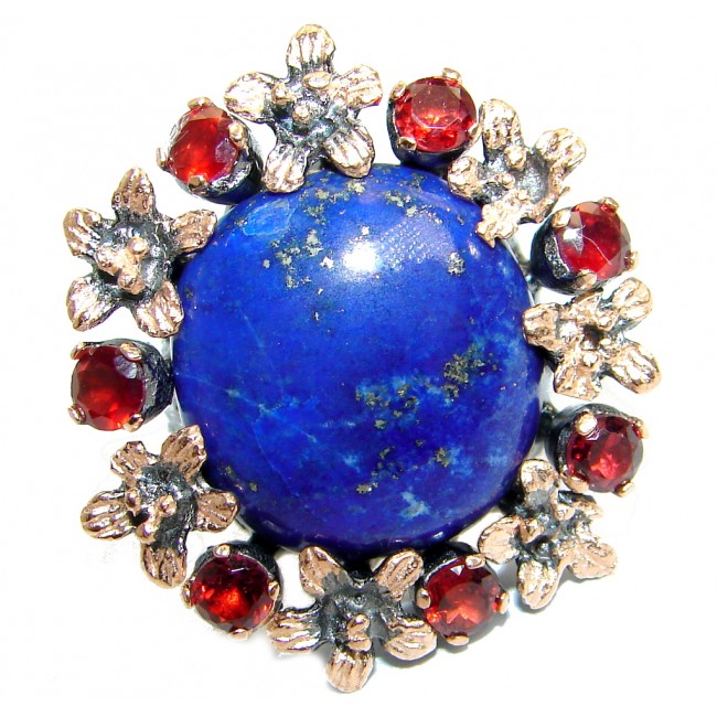 Blue Lapis Lazuli Garnet Rose Gold Rhodium plated over .925 Sterling Silver Ring size 6 adjustable