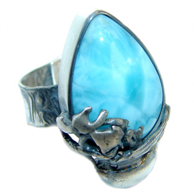 Genuine Larimar oxidized .925 Sterling Silver handcrafted Ring s. 7 adjustable