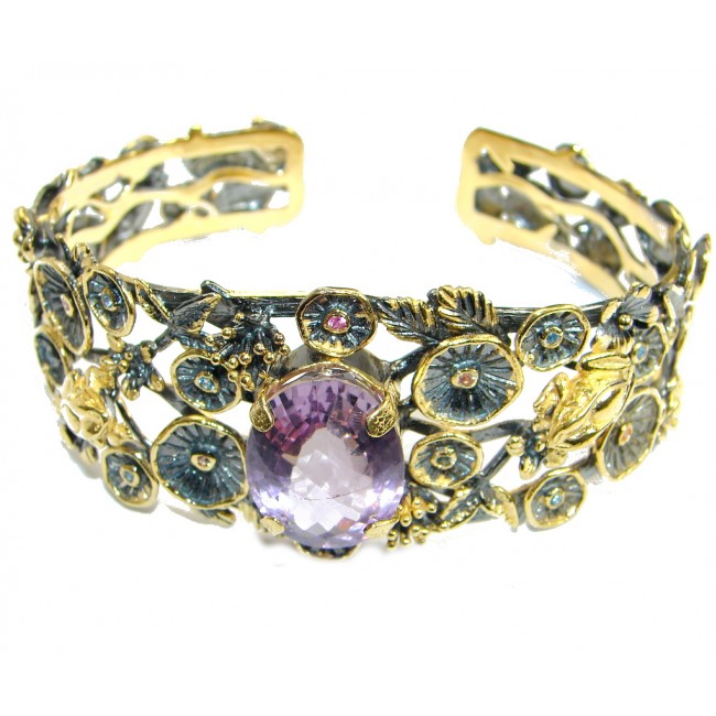 Enchanted Garden Authentic Amethyst Two Tones .925 Sterling Silver handmade Bracelet / Cuff