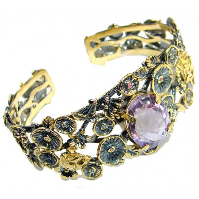 Enchanted Garden Authentic Amethyst Two Tones .925 Sterling Silver handmade Bracelet / Cuff