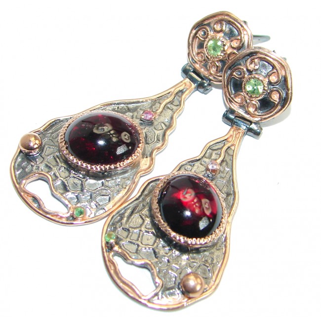 Vintage Style Natural Garnet Rose Gold over .925 Sterling Silver handmade stud earrings
