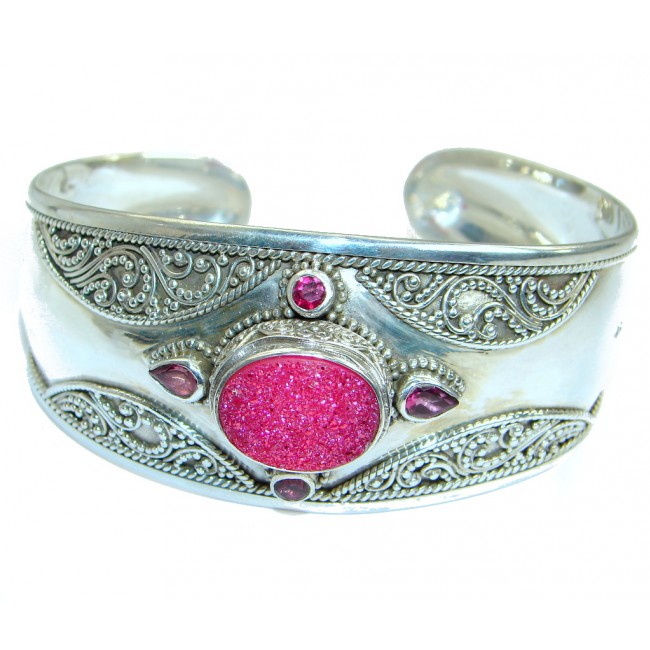 Chunky Luxury Pink Crystal Druzy .925 Sterling Silver handmade Cuff/Bracelet