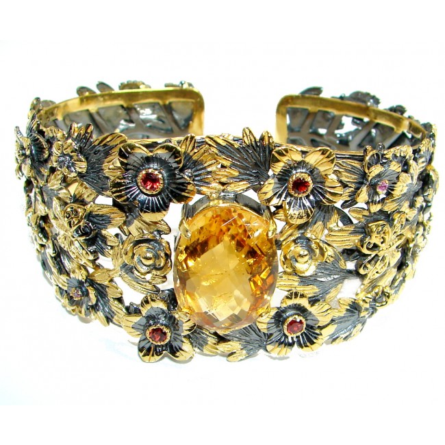 Floral Design Genuine 25ct Citrine Gold Rhodium over .925 Sterling Silver Bracelet / Cuff