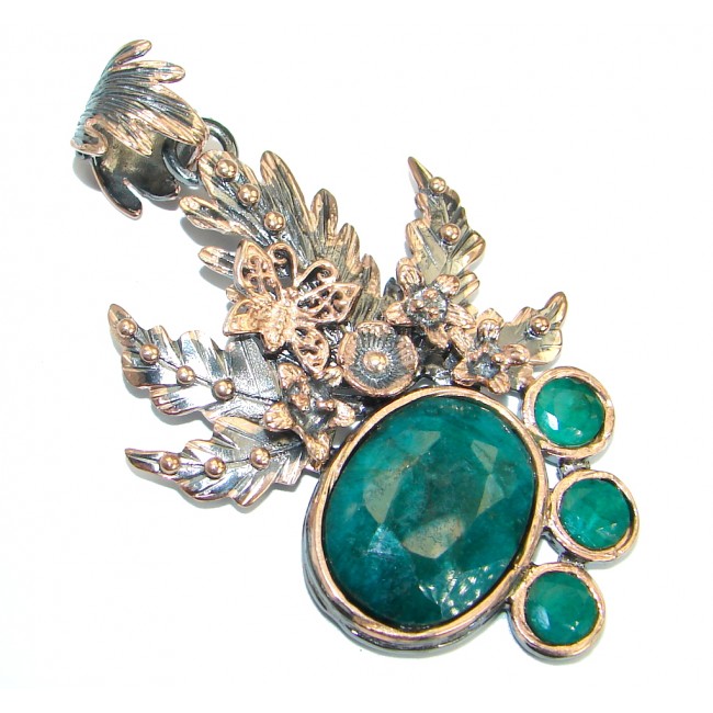 Vintage Design Emerald Rose Gold over .925 Sterling Silver handmade pendant