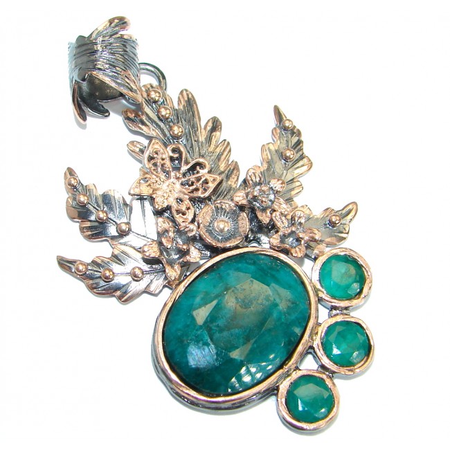 Vintage Design Emerald Rose Gold over .925 Sterling Silver handmade pendant