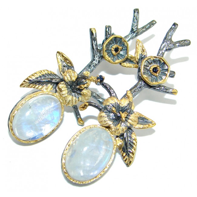 Floral Design White Moonstone Gold over .925 Sterling Silver stud earrings