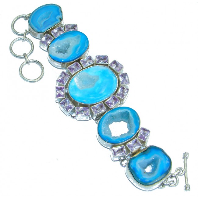 Huge Chunky Design Blue City Lights Agate Druzy .925 Sterling Silver Bracelet