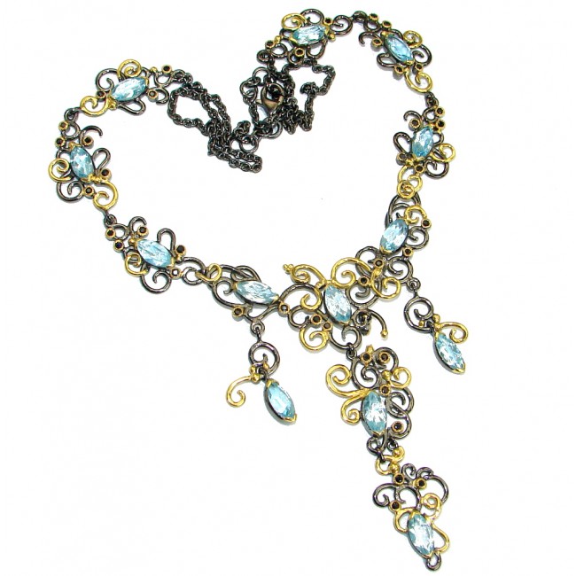 Rich Design Genuine Swiss Blue Topaz Gold Rhodium over .925 Sterling Silver handmade necklace