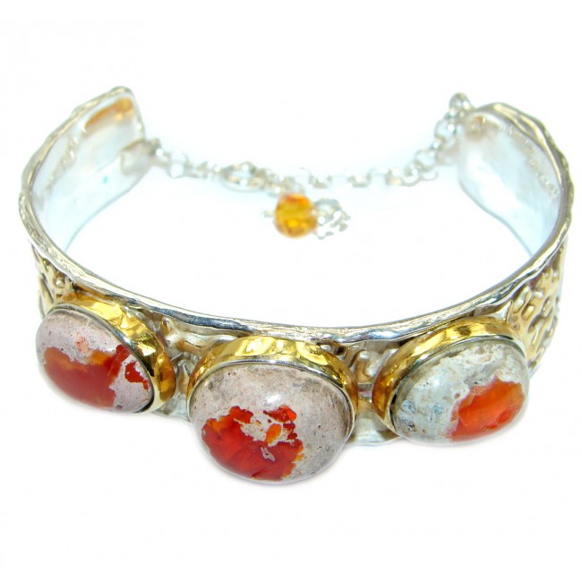One of the kind Orange Mexican Fire Opal 18 ct Gold over 925 Sterling Silver handcrafted Bracelet