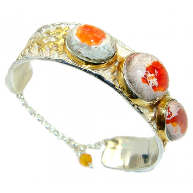 One of the kind Orange Mexican Fire Opal 18 ct Gold over 925 Sterling Silver handcrafted Bracelet