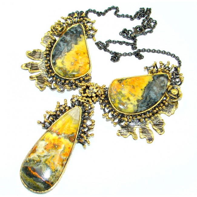 Bohemian Style natural Bumble Bee Jasper Two tones .925 Silver handmade Necklace