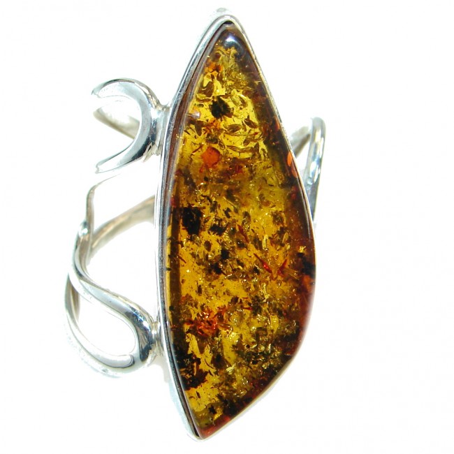 Luxury Genuine Baltic Polish Amber .925 Sterling Silver Ring size 6 adjustable