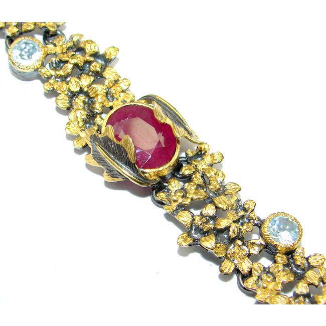 Floral Design genuine Ruby Rose Gold over .925 Sterling Silver handcrafted Bracelet