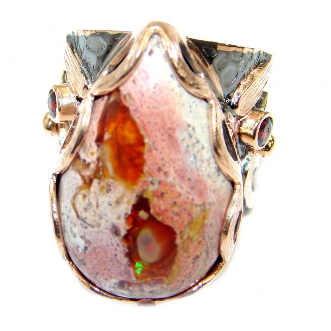 Royal Mexican Opal oxidized .925 Sterling Silver handcrafted ring size 7