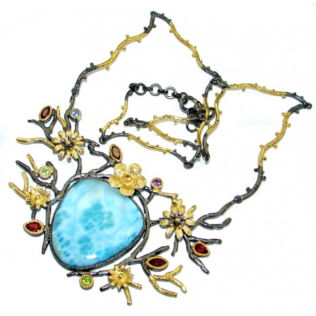 One of the kind Nature inspired Sublime Larimar Gold Rhodium over .925 Sterling Silver handmade necklace