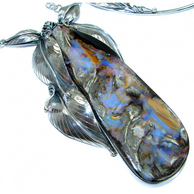 Large 4 5/8 inches genuine Australian Boulder Opal .925 Sterling Silver brilliantly handcrafted necklace