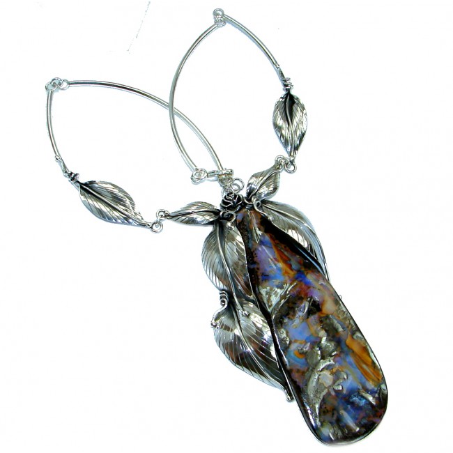 Large 4 5/8 inches genuine Australian Boulder Opal .925 Sterling Silver brilliantly handcrafted necklace