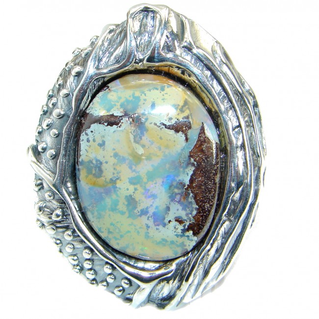 Huge Australian Boulder Opal .925 Sterling Silver handcrafted ring size 8 adjustable