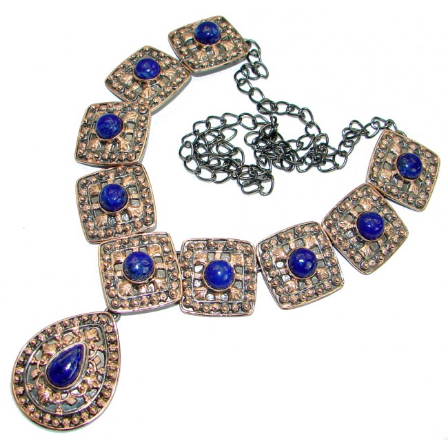 Vintage Design Genuine Lapis Lazuli Rose Gold over .925 Sterling Silver handmade Necklace
