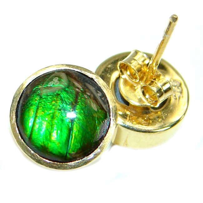 Green Aura Fire Ammolite gold over .925 Sterling Silver handmade stud earrings