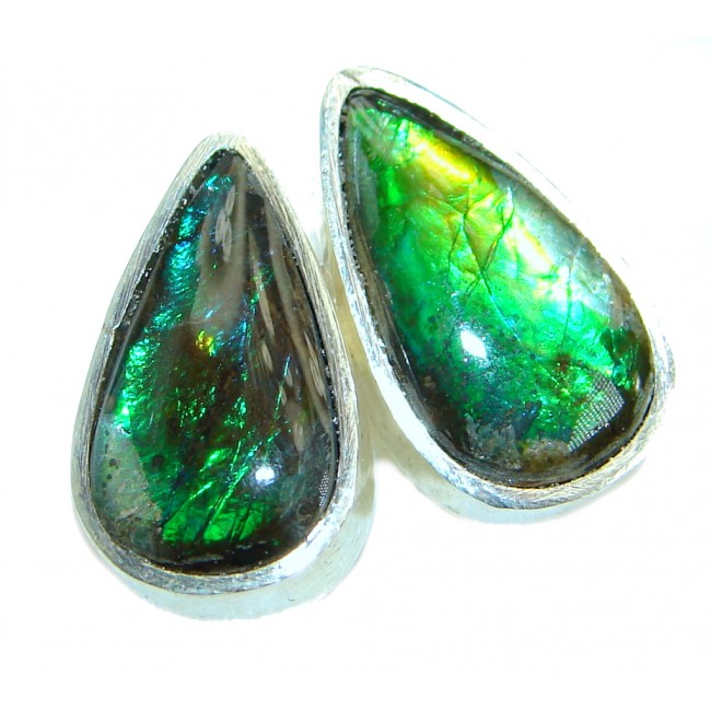 Green Aura Fire Ammolite .925 Sterling Silver handmade stud earrings