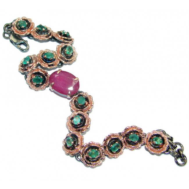 Floral Design genuine Ruby Emerald Gold over .925 Sterling Silver handcrafted Bracelet