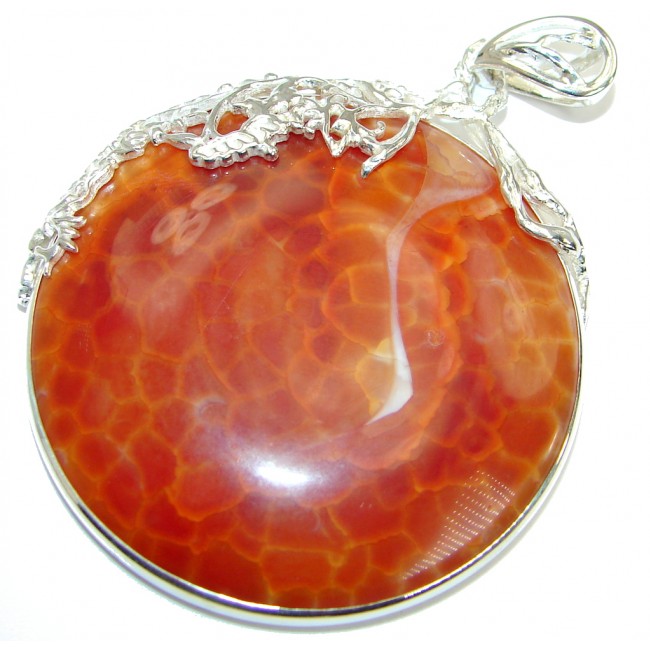 huge Perfect Mexican Fire Agate .925 Sterling Silver handmade Pendant