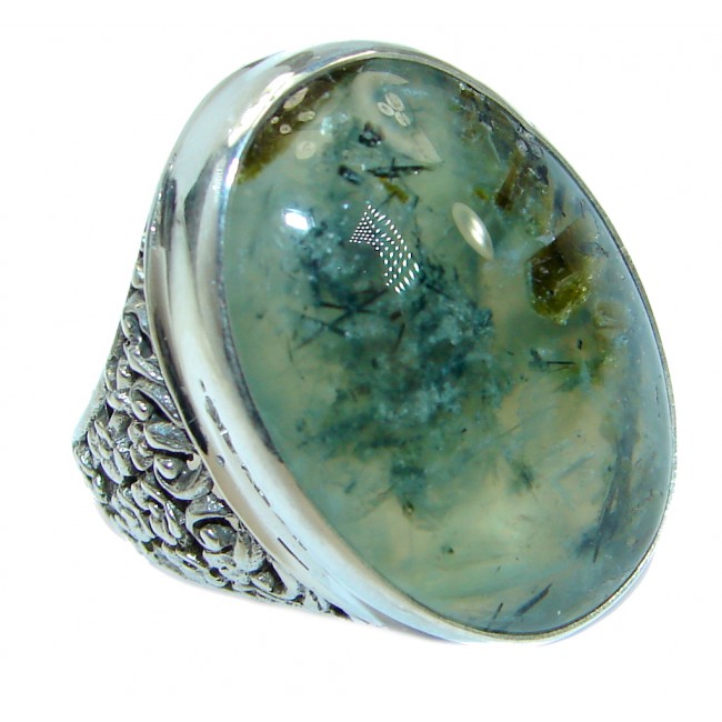 Supernova Green Moss Prehnite .925 Sterling Silver handcrafted ring; s. 8