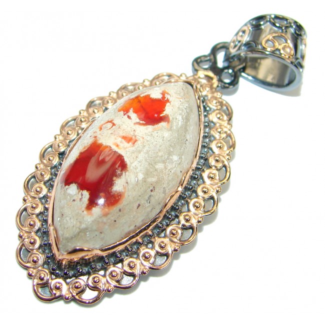 Vintage Style Mexican Fire Opal Two Tones .925 Sterling Silver handmade Pendant