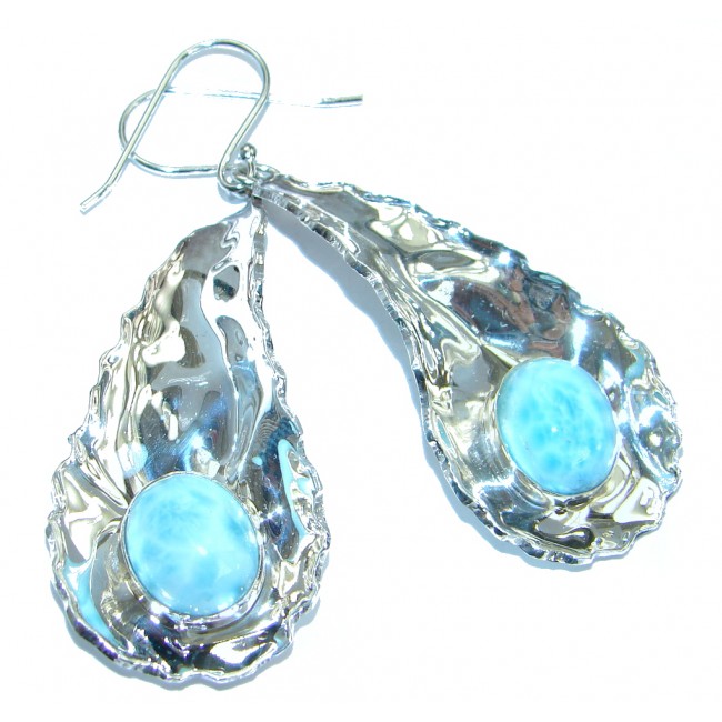 Caribbean Beauty Blue Larimar hammered .925 Sterling Silver earrings
