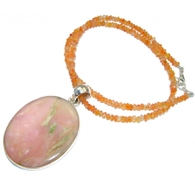 Sweet Heart Pink Opal Carneian beads .925 Sterling Silver handmade Necklace