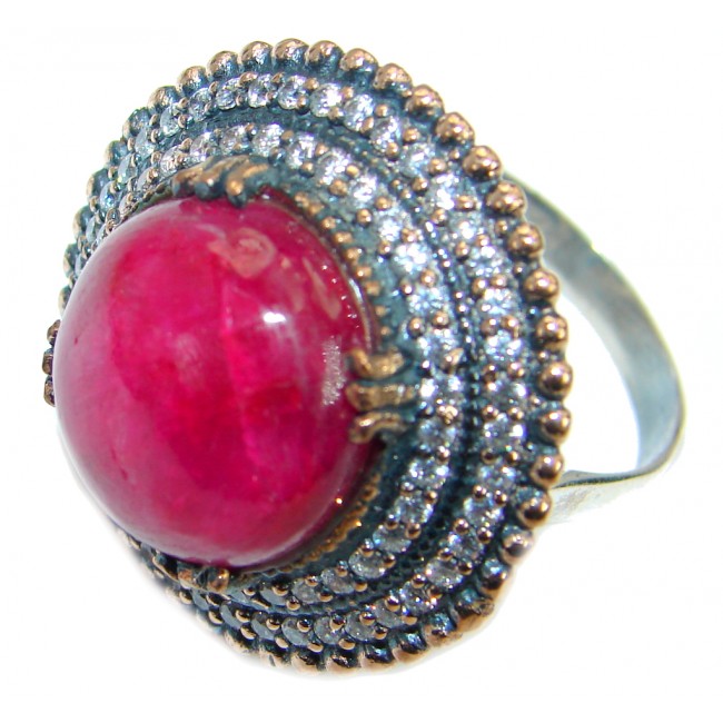 Large Victorian Style created Ruby & White Topaz Sterling Silver ring; s. 9