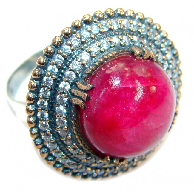 Large Victorian Style created Ruby & White Topaz Sterling Silver ring; s. 9