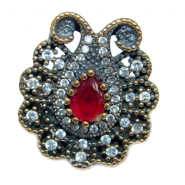 Large Victorian Style created Ruby & White Topaz Sterling Silver ring; s. 6 1/2