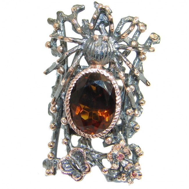 Huge! Black Widow Spider Smoky Topaz Rose Gold Rhodium over .925 Sterling Silver ring s. 8