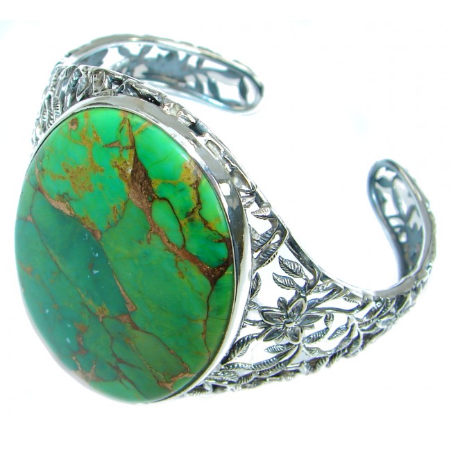 Large Green Turquoise with copper vains .925 Sterling Silver handmade Bracelet / Cuff