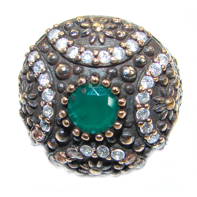 Victorian Style created Emerald & White Topaz Sterling Silver Ring s. 7