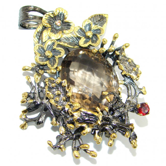 Huge Beauty Smoky Quartz 14K Gold .925 Sterling Silverhandmade Pendant