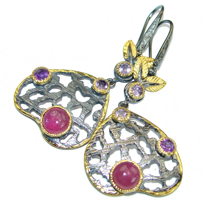 Unique Ruby 14K Gold Rhodium over .925 Sterling Silver handmade earrings