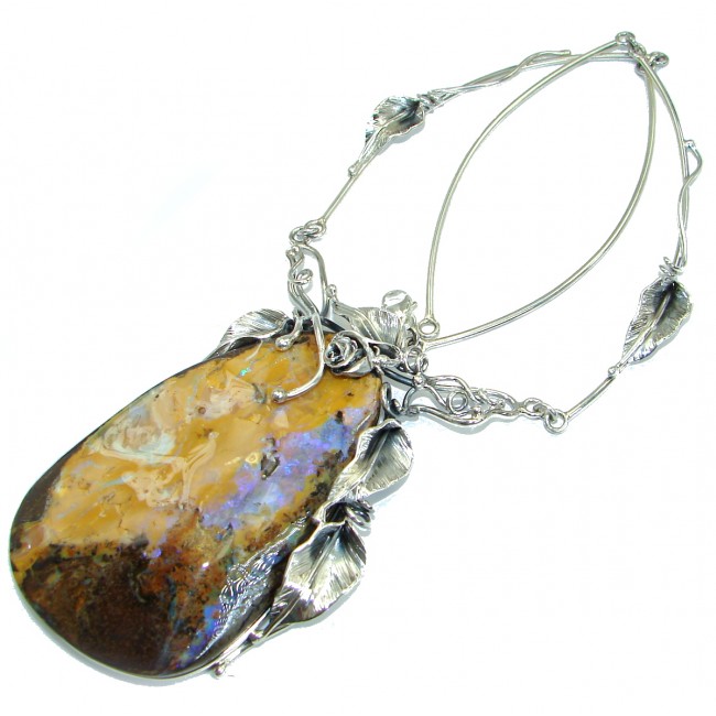 Large 3 1/4 inches genuine Australian Boulder Opal .925 Sterling Silver brilliantly handcrafted necklace