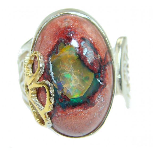 Huge Mexican Opal oxidized two tones .925 Sterling Silver handcrafted ring size 7 adjustable