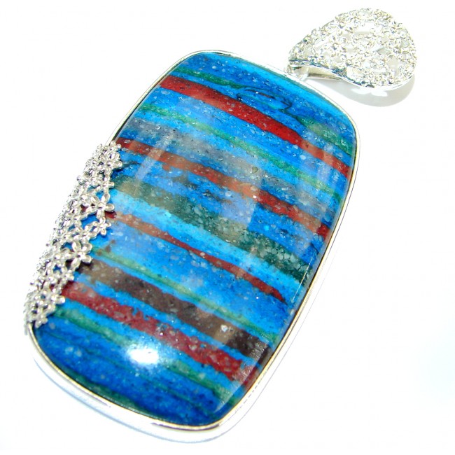Huge Amazing Blue Rainbow Calsilica .925 Sterling Silver handmade Pendant